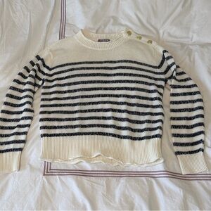 J. Crew Ivory and Black Striped Knit Sweater with Gold Buttons- Cotton/ Linen